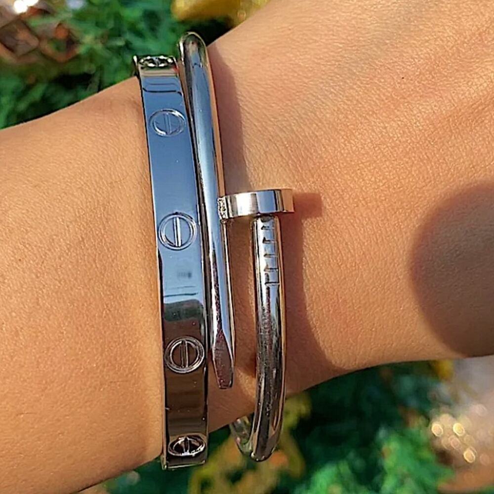 Platinum Screw Love Nail Bangle Bracelet Set Silver Plated Love Luxury Combo